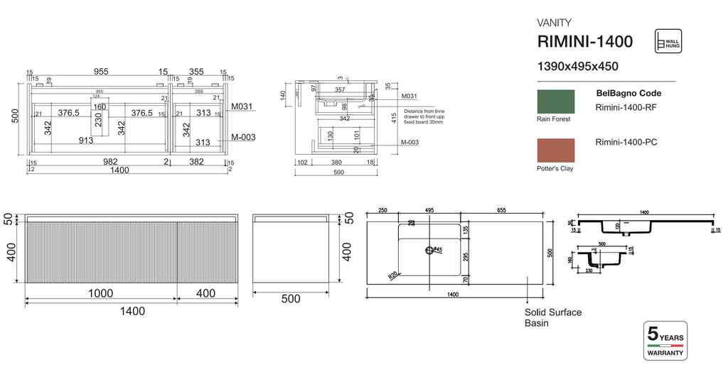 Belbagno Rimini Wall Hung Vanity - Clay