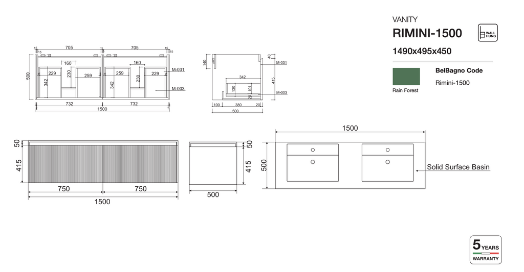 Belbagno Rimini Wall Hung Vanity - Rainforest