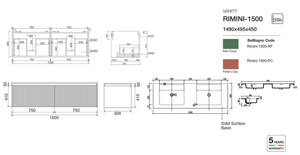 Belbagno Rimini Wall Hung Vanity - Clay