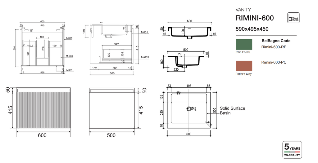Belbagno Rimini Wall Hung Vanity - Clay