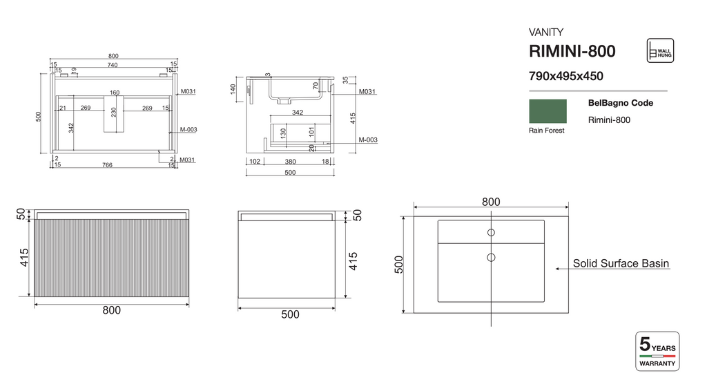 Belbagno Rimini Wall Hung Vanity - Rainforest