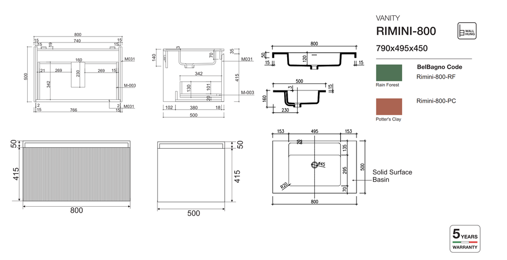 Belbagno Rimini Wall Hung Vanity - Clay