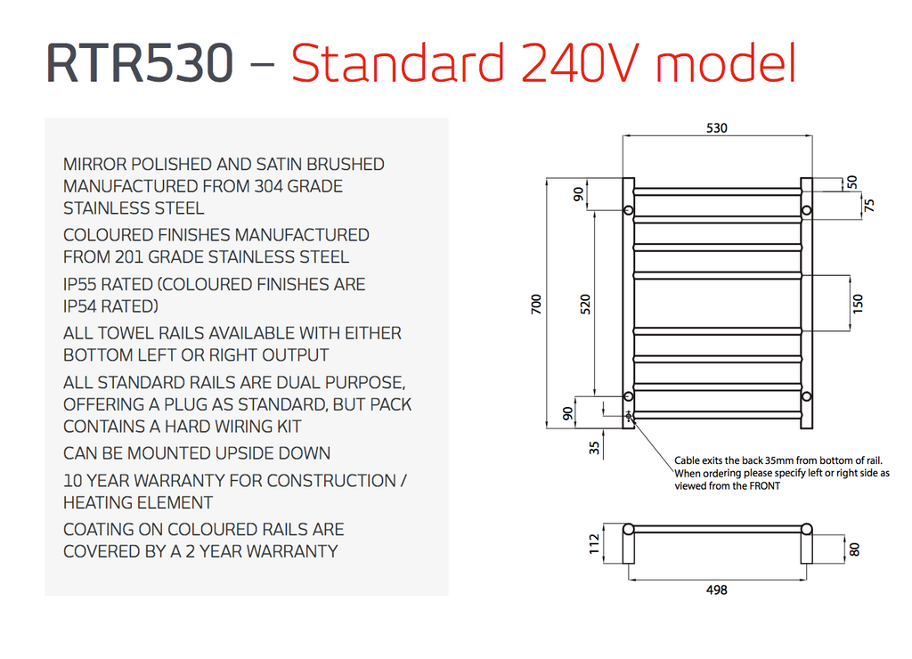 Radiant Heating Round Bar s240V Heated Towel Rails Matte Black 530 x 700