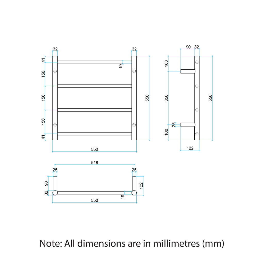 Thermogroup 12V 4 Bar 550mm Heated Towel Ladder - Matte Black