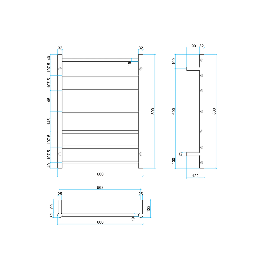 Thermogroup 7 Bar Round Heated Towel Ladder - Brushed Brass