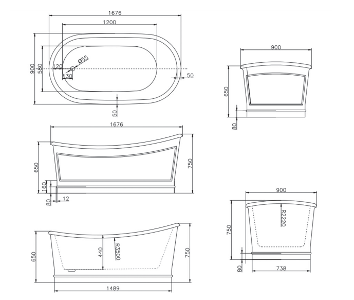 Belbagno Ritz Resin Stone Bath Tub 1675mm - Matte Grey - Wellsons