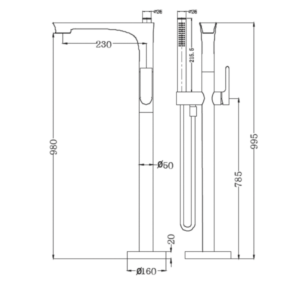 Nero Bianca Freestanding Bath Mixer with Handshower - Brushed Gold - Wellsons