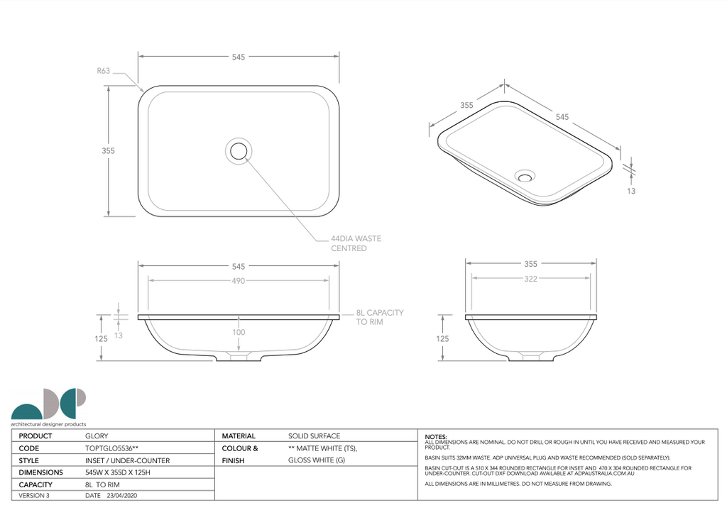 ADP Glory Solid Surface Under Counter Basin - Matte White - Wellsons