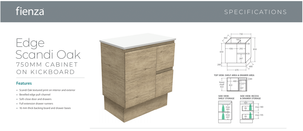 Fienza Vanessa Edge Kick board Vanity Scandi Oak