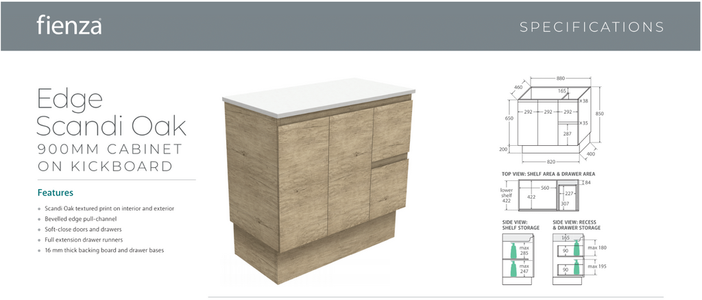 Fienza Vanessa Edge Kick board Vanity Scandi Oak