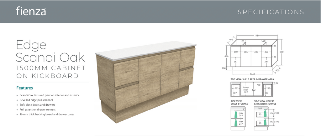 Fienza Vanessa Edge Kick board Vanity Scandi Oak