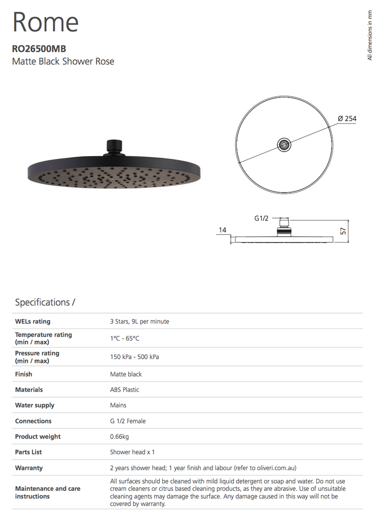 Oliveri Rome Matte Black Shower Rose