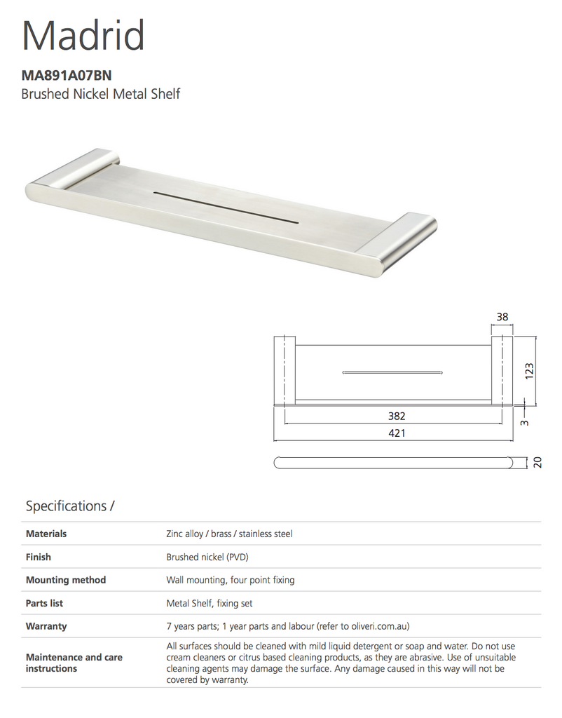 Madrid Brushed Nickel Metal Shelf 420mm