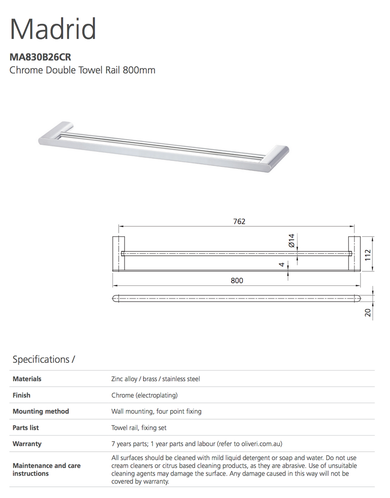 Madrid Chrome Double Towel Rail 800mm