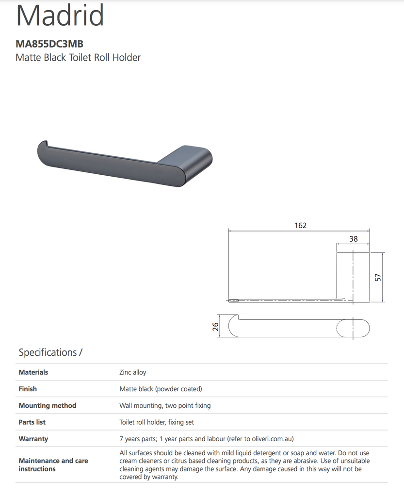 Madrid Matte Black Toilet Roll Holder