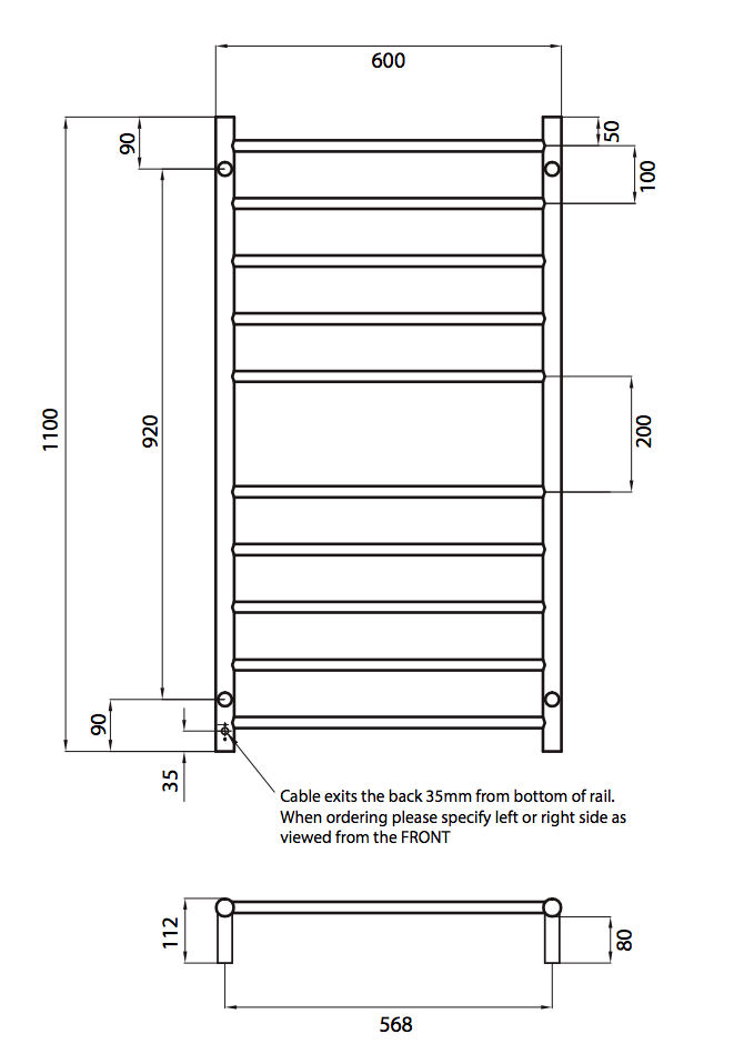 Radiant Heating Round Bars 240V Heated Towel Rails Polished 600 x 1100