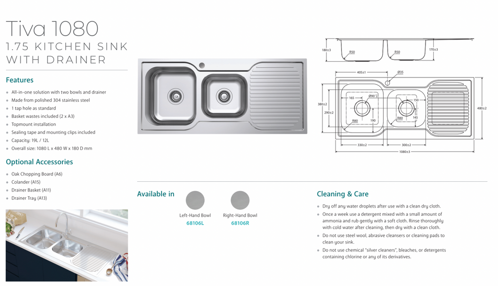 Fienza Tiva 1080 1.75 Kitchen Sink with Drainer