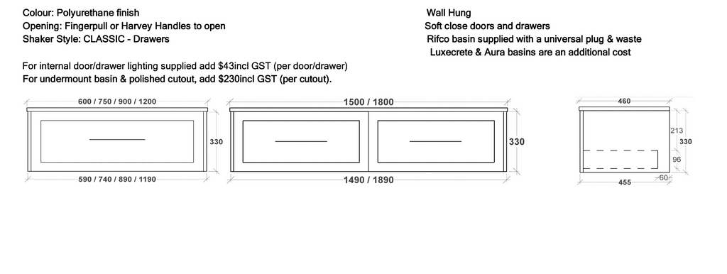 Rifco Kensington Wall Hung Vanity with Caesarstone Top & Basin Single Drawer
