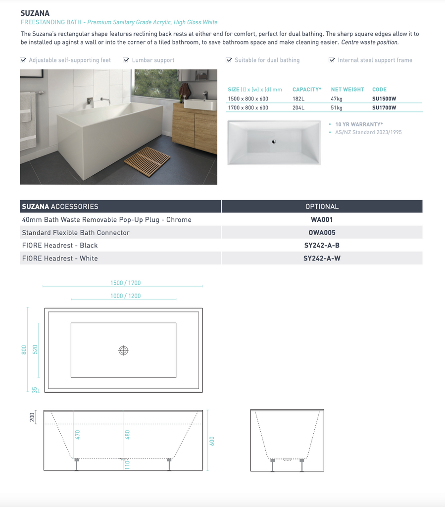 Decina Suzana Freestanding Bath 1500/1700mm - Gloss White