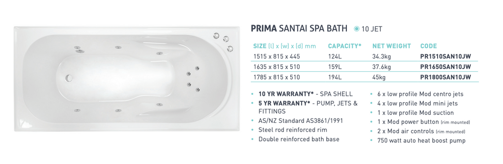 Decina Prima Santai 10 Jet Spa Inset Bath 1515/1635/1785mm - Gloss White