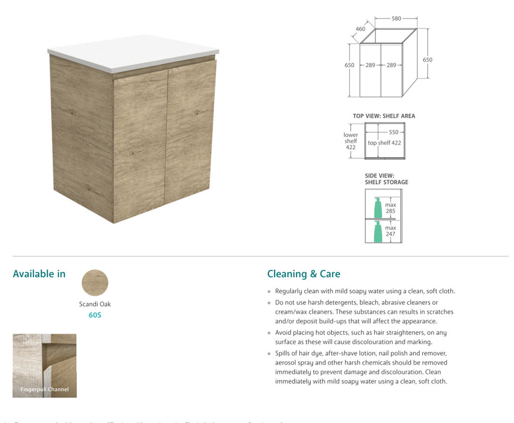 Fienza Vanessa Edge Wall Hung Vanity 600mm - 1500mm - Scandi Oak - Wellsons