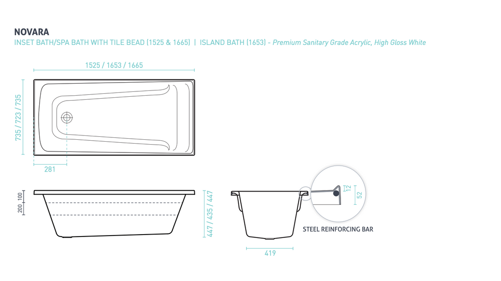 Decina Novara Dolce Vita 16 Jet Inset Spa Bath 1653/1665mm - Gloss White