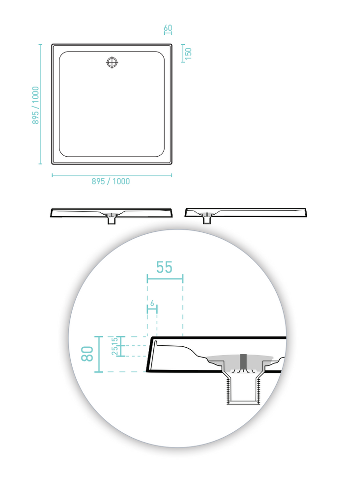 Decina Prelude 895/1000mm Rear Waste Shower Base