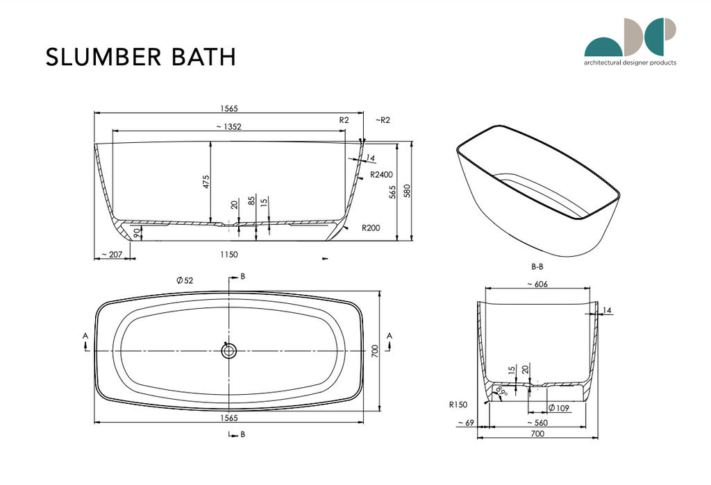 ADP Slumber Freestanding Bath 1565mm - Gloss White - Wellsons