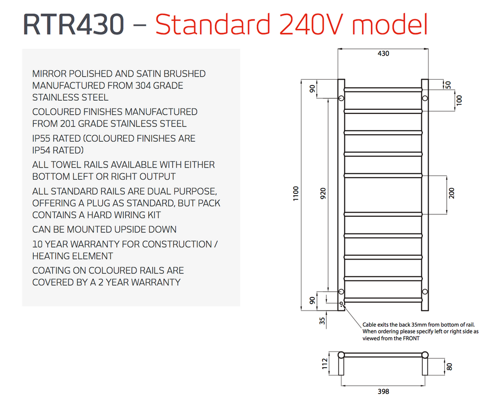 Radiant Heating Round Bars 240V Heated Towel Rail Polished 430 x 1100