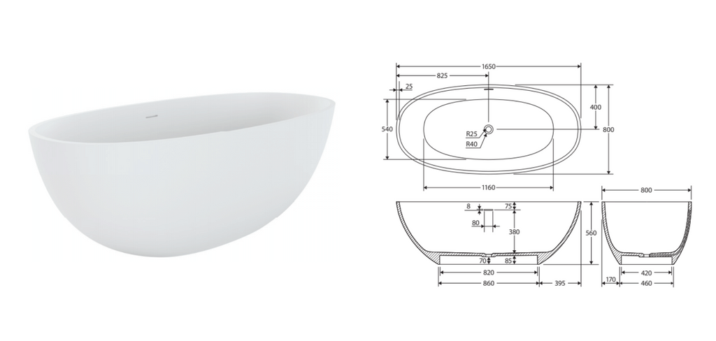 Fienza Sasso Freestanding Stone Bath 1650mm - Matte White