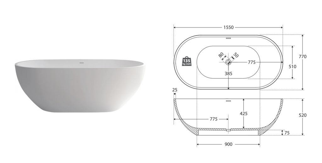 Fienza Nero Freestanding Stone Bath 1550mm - Matte White