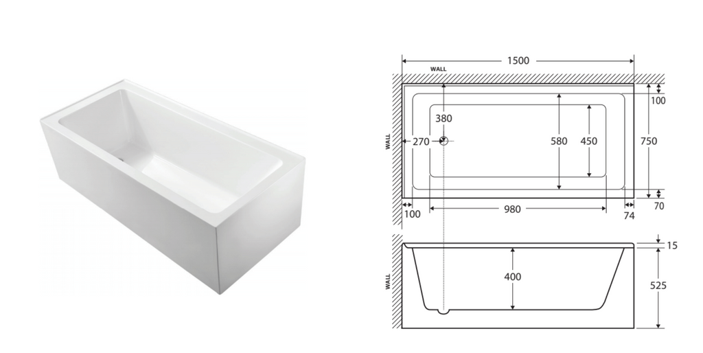 Fienza Sentor Acrylic Corner Bath 1500mm - Gloss White