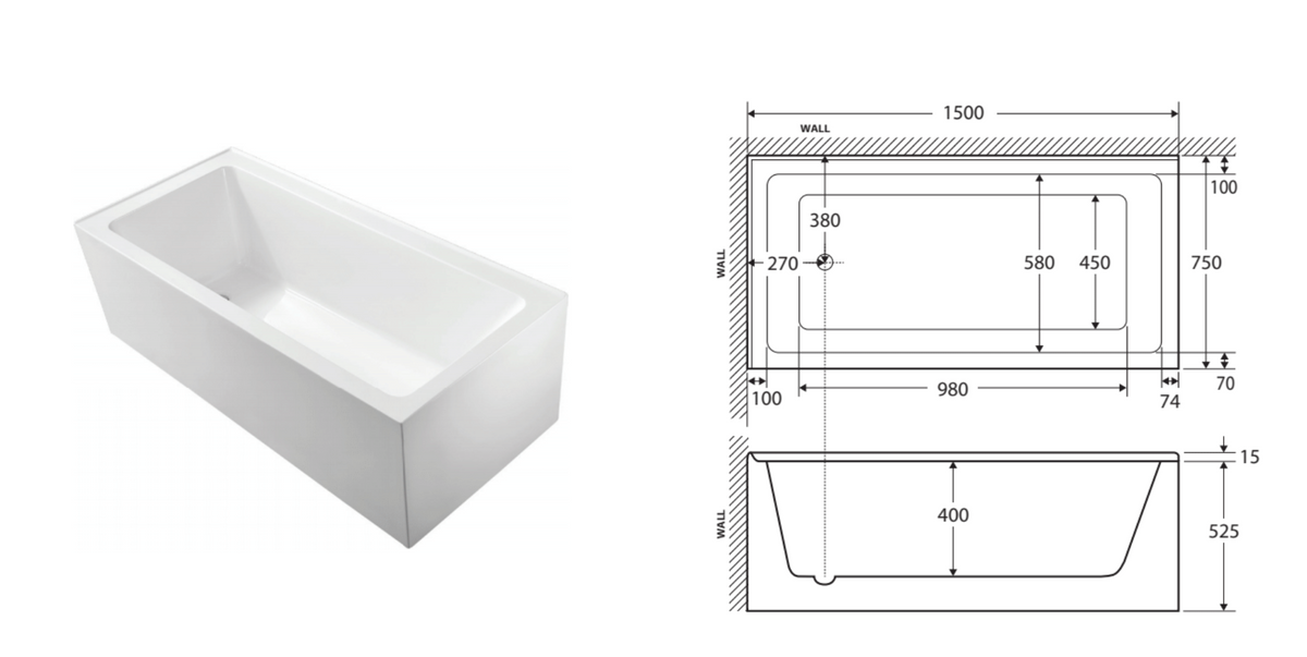 Fienza Sentor Acrylic Corner Bath 1500mm Gloss White Wellsons