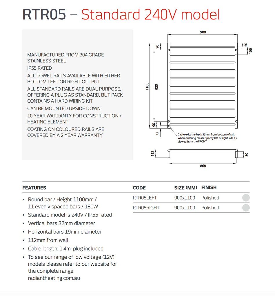 Radiant Heating Round Bars 240V Heated Towel Rails Polished 900 x 1100