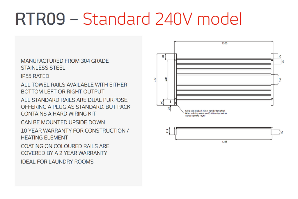 Radiant Heating Round Bars 240V Heated Towel Rails Polished 1300 x 750