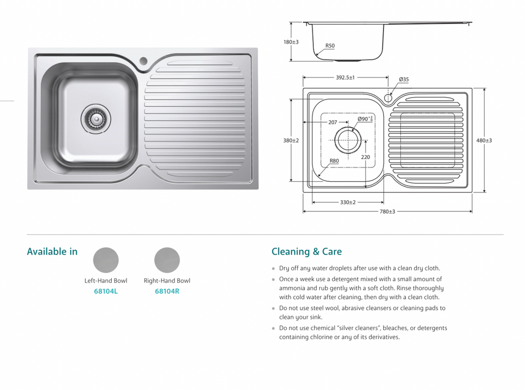 Fienza Tiva 780 Single Kitchen Sink with Drainer