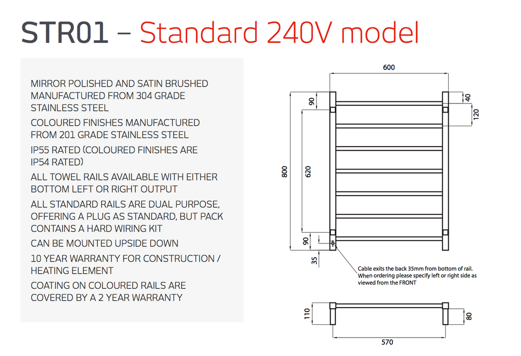 Radiant Heating Square Bars 240V Heated Towel Rails Polished 600 x 800