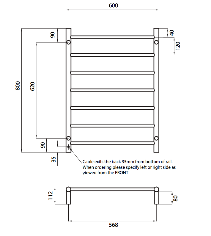 Radiant Heating Round Bars 240V Heated Towel Rail Polished 600 x 800
