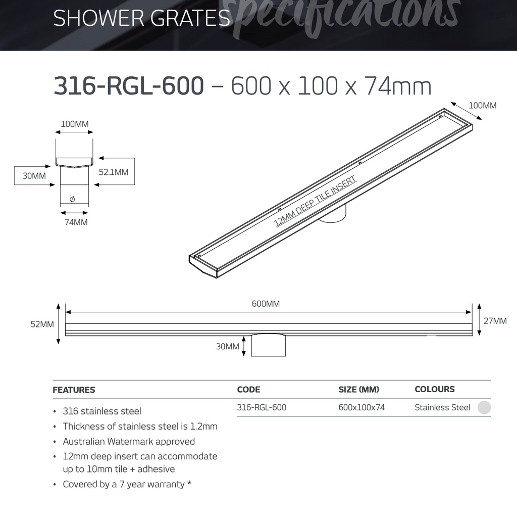 Radiant Tile Insert Channel Floor Waste Grate - Stainless Steel
