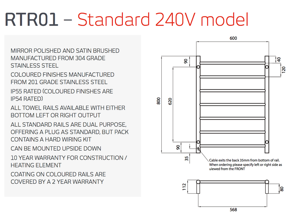 Radiant Heating Round Bars 240V Heated Towel Rails Matte Black 600 x 800
