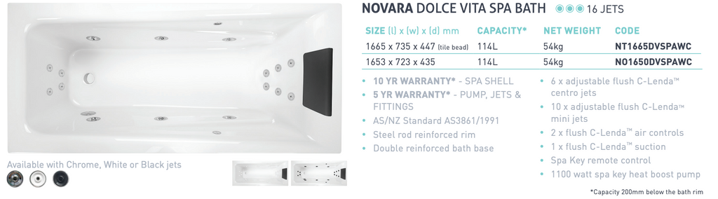 Decina Novara Dolce Vita 16 Jet Inset Spa Bath 1653/1665mm - Gloss White