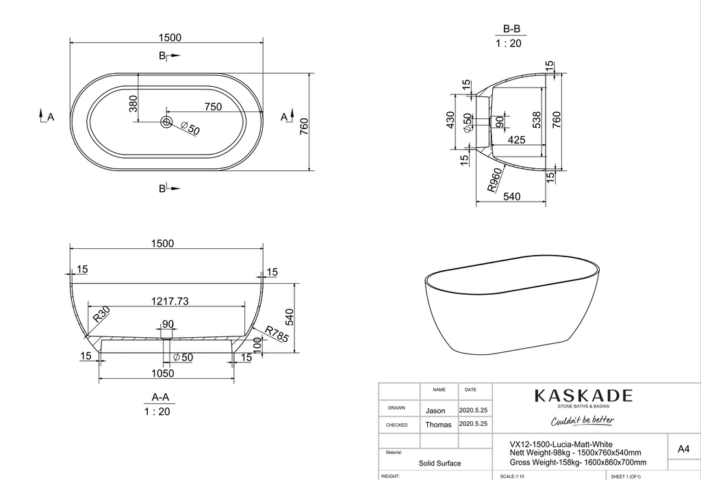 Kaskade Lucia Freestanding Stone Bath 1500mm - Matte White