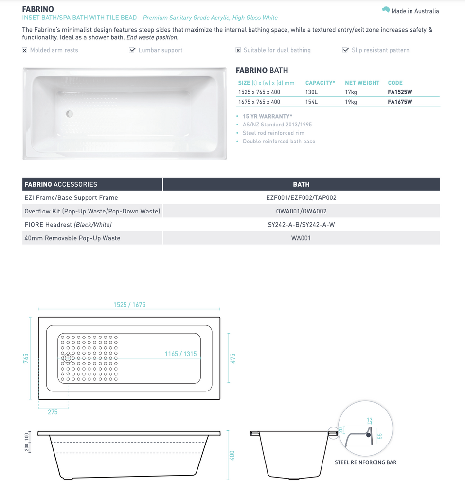 Decina Fabrino Inset Bath 1525/1675mm - Gloss White