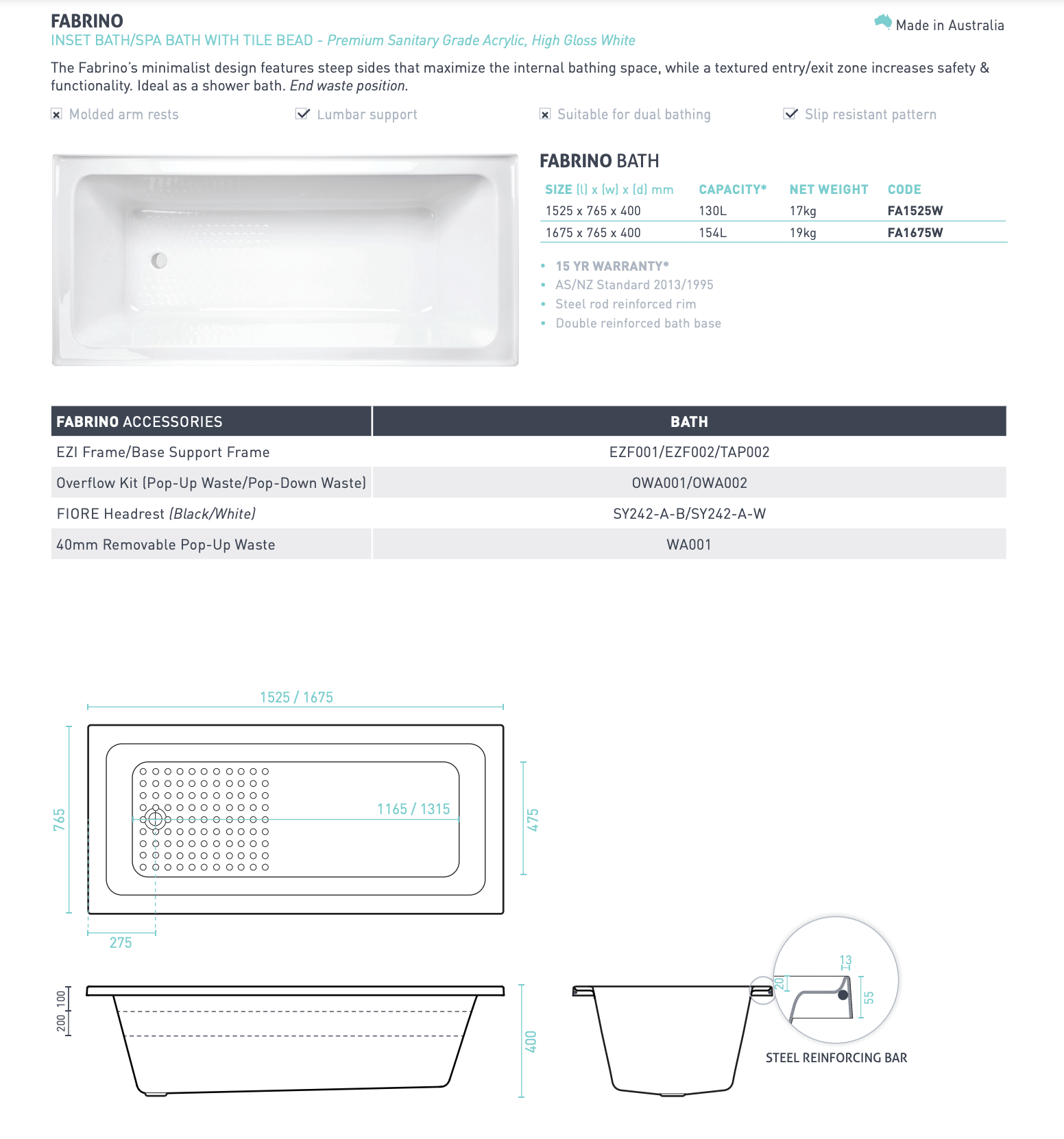 Decina Fabrino Inset Bath 1525/1675mm - Gloss White – Wellsons