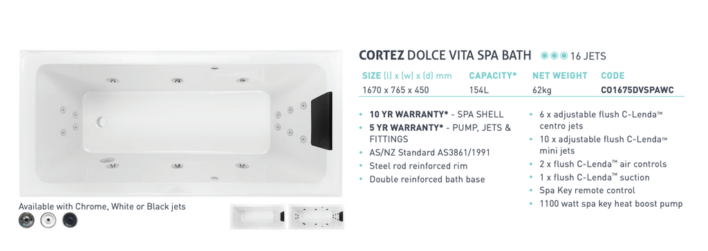 Decina Cortez Dolce Vita 16 Jet Inset Bath 1670mm - Gloss White
