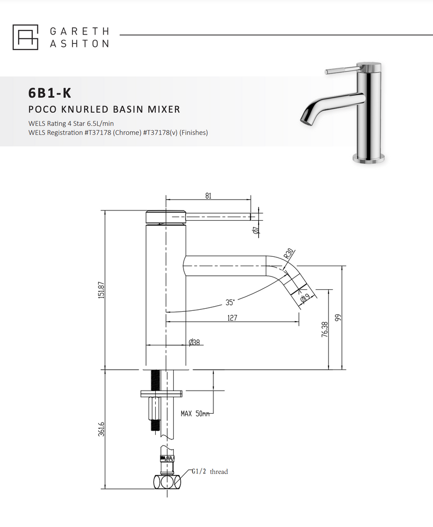 Gareth Ashton Poco Knurled Basin Mixer - Matte Black