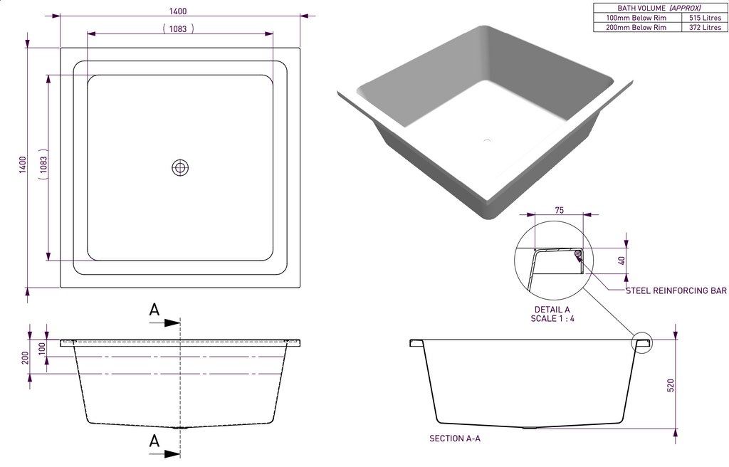 Decina Venice Inset Bath 1400mm - Gloss White