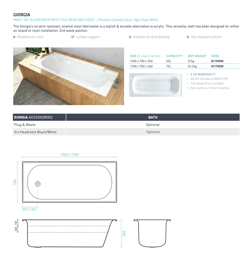 Decina GIorgia Pressed Metal Inset Bath 1500/1700mm