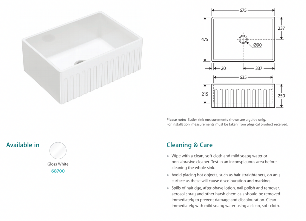 Fienza Charlton Single Butler Sink Small Gloss White
