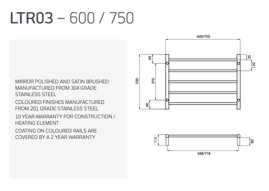 Radiant Heating Round Bars Non Heated Towel Rails Matte Black 750 x 550